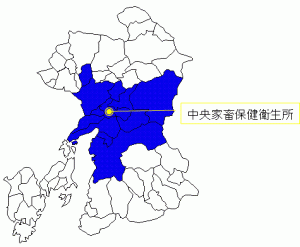 管轄区域を色分けした熊本県地図
