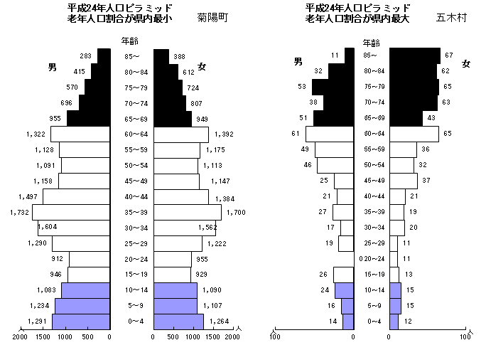 平成24年人口ピラミッド（老年人口割合が県内最小の菊陽町と、県内最大の五木村）