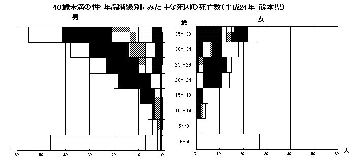 40歳未満の性・年齢階級別にみた主な死因の死亡数（平成24年熊本県）