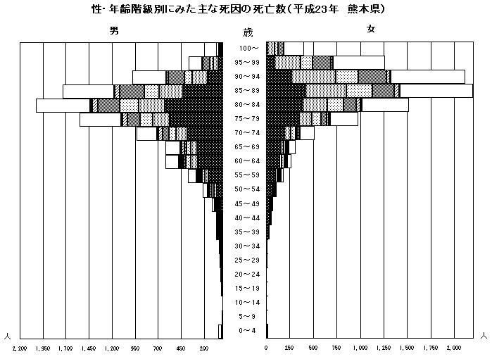 性・年齢階級別にみた主な死因の死亡数（平成23年熊本県）