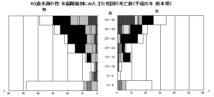 40歳未満の性・年齢階級別にみた主な死因の死亡数（平成25年　熊本県）