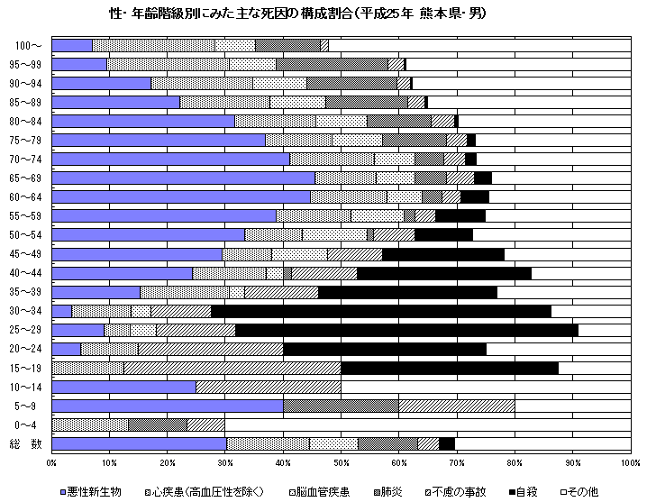 性・年齢階級別にみた死因の構成割合（平成25年　熊本県・男）