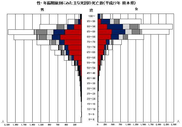 性・年齢階級別にみた主な死因の死亡数（平成27年　熊本県）