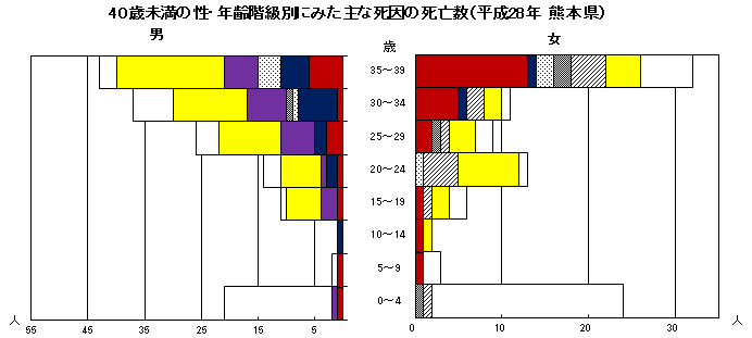 40歳未満の性・年齢階級別にみた主な死因の死亡数（平成28年　熊本県）