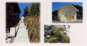 水圧鉄管、建屋、水車発電機の写真です。