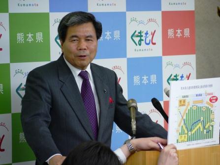 記者からの質問に答える蒲島知事の写真