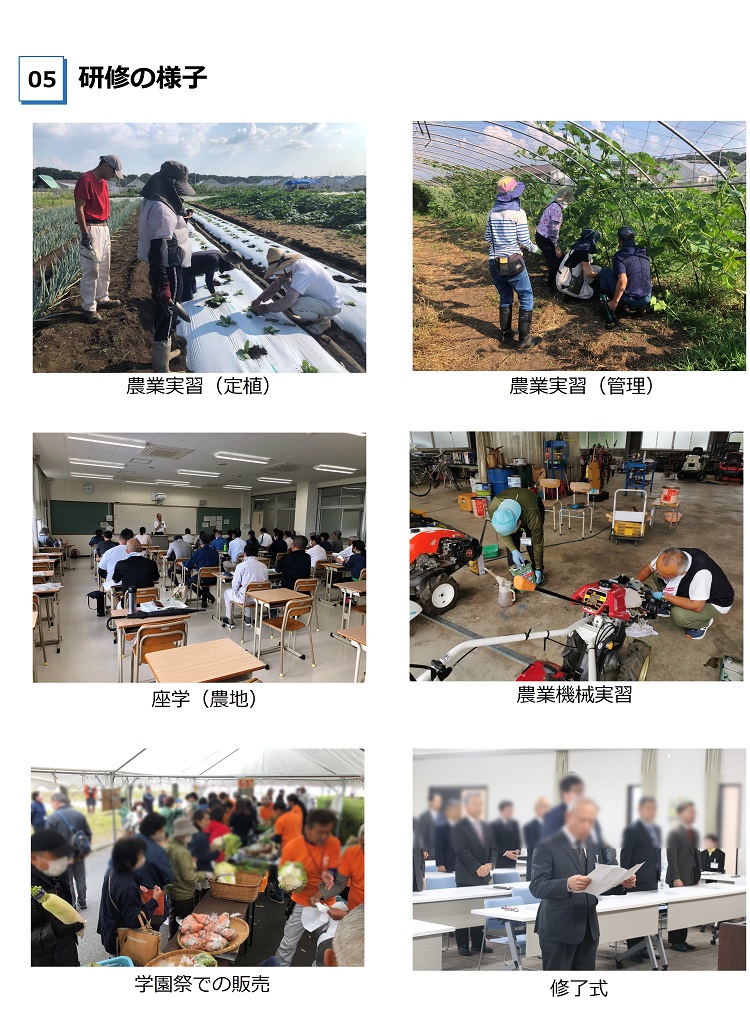 研修の様子　農業実習や座学、機械実習、販売実習、修了式の様子の写真を掲載　実習は現場圃場やハウスで農産物を共同栽培　機械実習では管理機の操作メンテの様子など