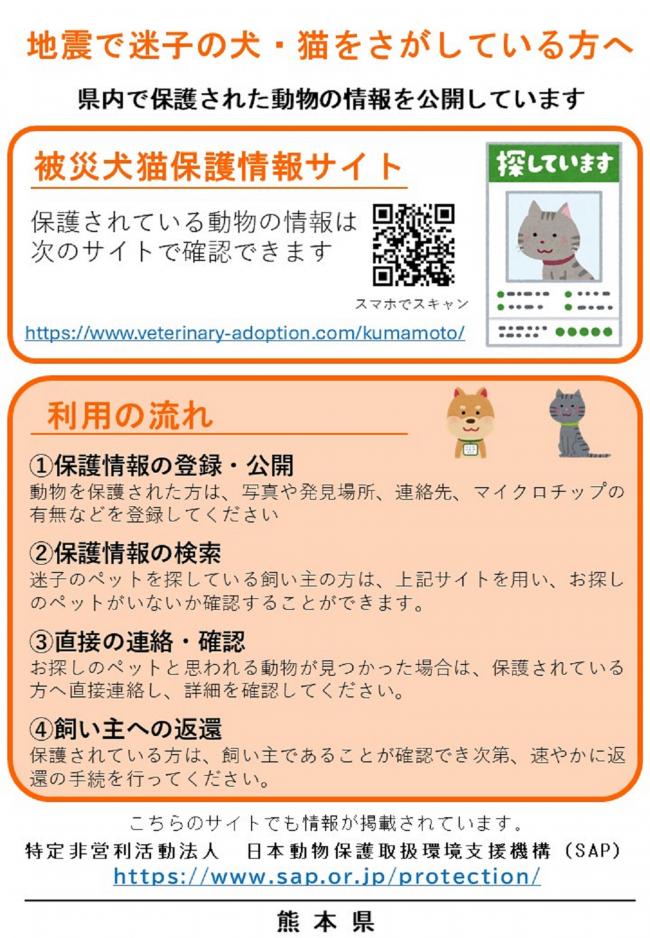 令和8年熊本地震被災犬猫保護情報掲載サイトチラシ